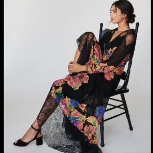 Free People Black Bold Bloom Swiss Dot Lace Floral Maxi Dress Sz 6